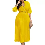 V Neck Long Sleeve Pleated Dress Solid Color Flowy Skirt Fashionable Design Spring Summer Wear W