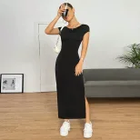 Elegant Backless Bodycon Maxi Dress Sexy Design Waist Cinching Side Slit Spring Summer Fashion W
