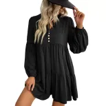 Short Loose V Neck Dress Wrinkled Design Solid Color Minimalist Style Autumn Fashion Wholesale A