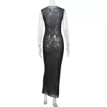 Sheer Mesh Sleeveless Maxi Dress Slim Fit Elegant Style Perfect for Parties or Evening Events Wh