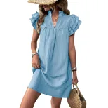 Summer Casual Loose Straight Dress Stand Collar Solid Color Comfortable Fabric Vacation Wear Who
