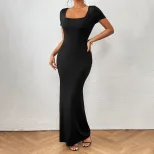 Elegant Square Neck Mermaid Maxi Dress for Women Summer Collection Slim Fit European and America