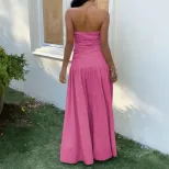 French Style Strapless Maxi Dress Soft Fabric Waist Tie Design Non Slip Strips Summer Vacation W