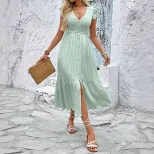 Sweet and Fresh V Neck Dress with Flutter Sleeves Solid Color Lightweight Fabric Perfect for Spr