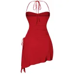 Halter Neck Ruched Bodycon Dress Side Slit Irregular Hem Slim Fit Night Out Party Wear Wholesale