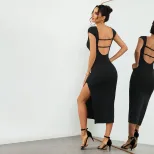 Black Short Sleeve Bodycon Dress Slim Fit Round Neck Side Slit Summer Casual Wear for Women Whol