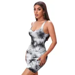 Tie Dye Print Bodycon Mini Dress with Sleeveless Design Slim Fit Sexy Style for Spring Summer Wh