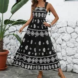 Casual Beach Vacation Maxi Dress Slim Fit Bohemian Print Spaghetti Straps Summer Wear Wholesale Available