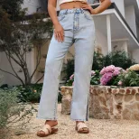 Casual Straight Leg Denim Jeans High Split Design European and American Style Comfortable Fit Wh