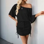 Batwing Sleeve Solid Color Dress Simple Design Pleated Detail Elegant Style Perfect for Parties
