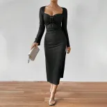 Elegant French Style Midi Dress for Women Square Neck Slim Fit Side Slit Spring Summer Occasion