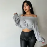 Crop Top Sexy Slim Fit Off Shoulder Long Sleeve Lightweight Fabric Spring Summer Fashion Wholesa