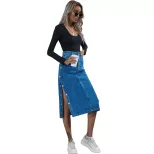 High Waisted Denim Skirt Button Detail Split Design Fashionable Style Perfect for Casual Outings Wholesale Avail