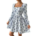 Elegant French Style Square Neck Dress High Waist Backless Floral Print Spring Summer Casual Wea