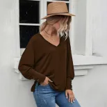 Womens Loose Fit V Neck Long Sleeve T Shirt Solid Color Casual Style Autumn Winter Ready to Ship