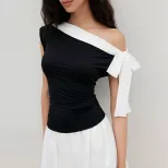 Elegant Black and White Color Block Sleeveless Top Slim Fit Off Shoulder Bow Tie Detail Perfect