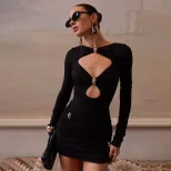Long Sleeve Bodycon Dress Hollow Out Design Solid Color Elegant Style Perfect for Spring Occasio