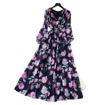 Elegant Womens Floral Chiffon Dress Slim Fit Waist Design Long Sleeve for Spring and Summer
