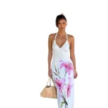 Elegant V Neck Backless Floral Maxi Dress Summer Beach Vacation Style Slim Fit Lightweight Fabri