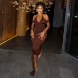 Casual V Neck Long Dress Solid Color Bodycon Fit Ruched Design Unique Style Perfect for Parties