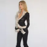 Fashionable Womens Cardigan Long Sleeve Sheer Mesh Cropped Design with Fur Collar Autumn Winter