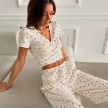 Womens Summer Floral Print Knit Short Sleeve Loungewear Set Slim Fit Stylish Comfortable Perfect