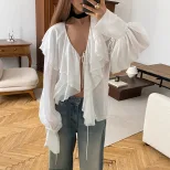 Chiffon Cardigan Top Ruffled Hem Lantern Sleeves Stylish Elegant Autumn Fashion for Women Wholes