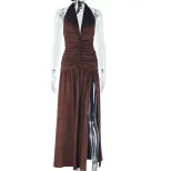 Sleeveless Deep V Neck Split Back Dress Solid Color High Slit Waist Defining Elegant Style Perfe