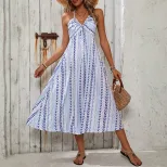 Geometric Print Halter Neck Dress for Women Summer Beach Vacation Style Available in Blue Wholesale Sizes S to XL