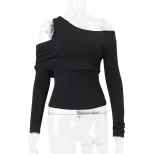Slim Fit Long Sleeve Knit Top Solid Color Asymmetrical Neckline Versatile Style Spring Womens Fa