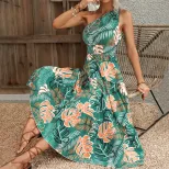 Fashionable One Shoulder Printed Dress Elegant Design Trendy Style Comfortable Fabric Perfect fo