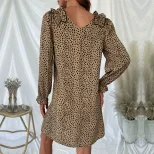 Leopard Print Long Sleeve Dress Loose Fit Ruffle Trim Autumn Fashion Perfect for Casual Outings