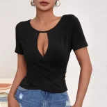 Womens Casual Short Sleeve T Shirt Sexy Hollow Out Design Button Detail Slim Fit Stylish Summer
