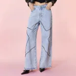 Loose Fit Vintage Beaded Denim Pants Womens Casual Style European and American Fashion Wholesale