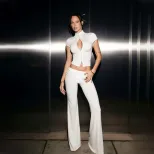 Slim Fit Solid Color Half High Neck Short Sleeve Top with Low Waist Flare Pants Trendy Two Piece