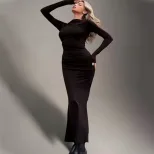 Womens Long Sleeve Bodycon Dress Solid Color Simple Design Mermaid Hem Perfect for Autumn Events