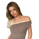 Summer Womens Lace Panel Off Shoulder Short Sleeve T Shirt Comfortable Fit Solid Color Casual St