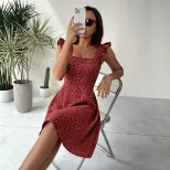 Summer A Line Dress Square Neck Heart Print Short Sleeve High Waist Slim Fit Perfect for Petite