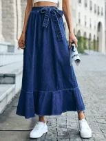 High Waisted Denim Skirt Mid Length Ruffled Hem Pleated Design Casual Wear for Women Wholesale A