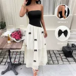 French Style Black and White Color Block Strapless Dress with Bow Detail Sweet and Chic Design f