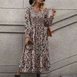 Vintage Inspired Long Sleeve V Neck Dress Abstract Print Casual Vacation Ready Wholesale Availab