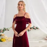 Velvet Long Dress Off Shoulder High Slit Elegant Versatile Evening Wear for Women Wholesale Avai