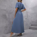 Elegant Deep V Neck Long Dress Side Slits Ruched Waist Flowy Fabric Spring Summer Occasion Whole