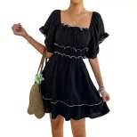 Black French Square Neck Ruffled Short Sleeve Dress Color Block Waist Cinching A Line Silhouette
