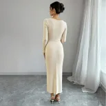 Lace Deep V Cross Body Fitted Knit Dress Long Sleeve Midi Length Bodycon Style Elegant for Dates