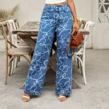 Casual Wide Leg Printed Denim Pants Fashionable Versatile Relaxed Fit Ideal for Everyday Wear Wh