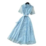 Embroidered Lace A Line Dress for Women Summer Fashion Elegant Fit and Flare Available in Red Apricot and Blue