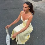 Elegant Womens Summer Dress in Cream Yellow with Lace Trim Slim Fit Spaghetti Straps Satin Fabric Wholesale
