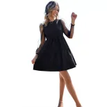 Elegant Hollow Out Long Sleeve Dress Color Block Design Round Neck Trendy Style Perfect for Part