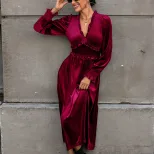 Red Velvet Long Sleeve Dress Elegant Design Autumn Winter Fashion Perfect for Parties and Events